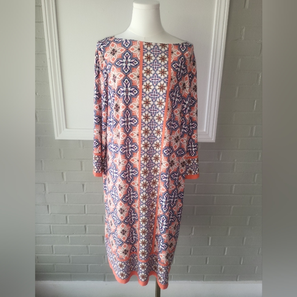 Wisp Elegant Geometric Slip Over Dress in Peach and Navy